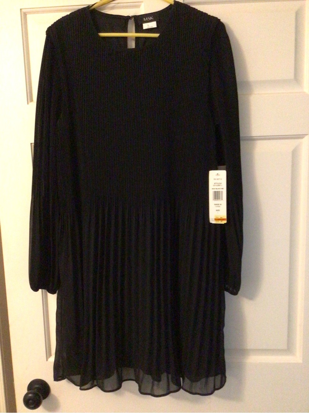MSK Black Pleated Dress with Round Neck